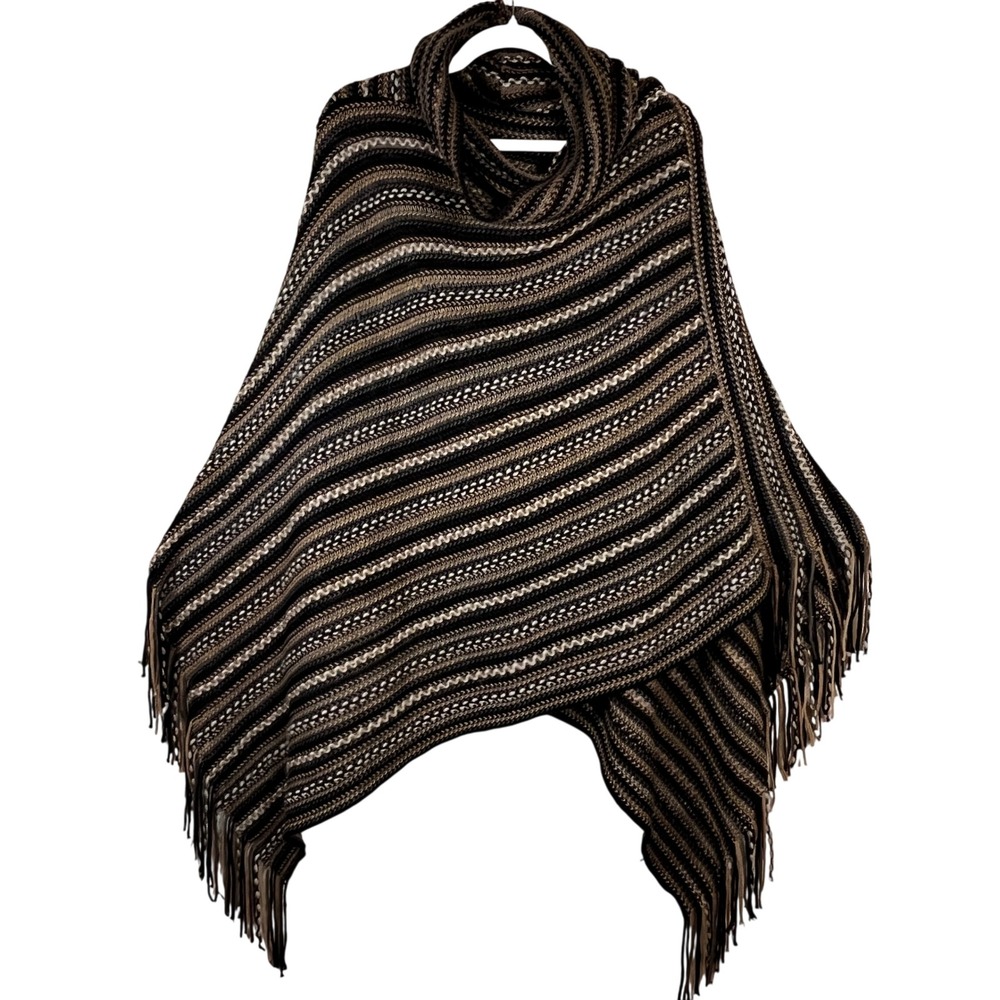 Coco +‎ Carmen Striped Knit Cowl Neck Fringe Asymmetrical Poncho Black Brown OS